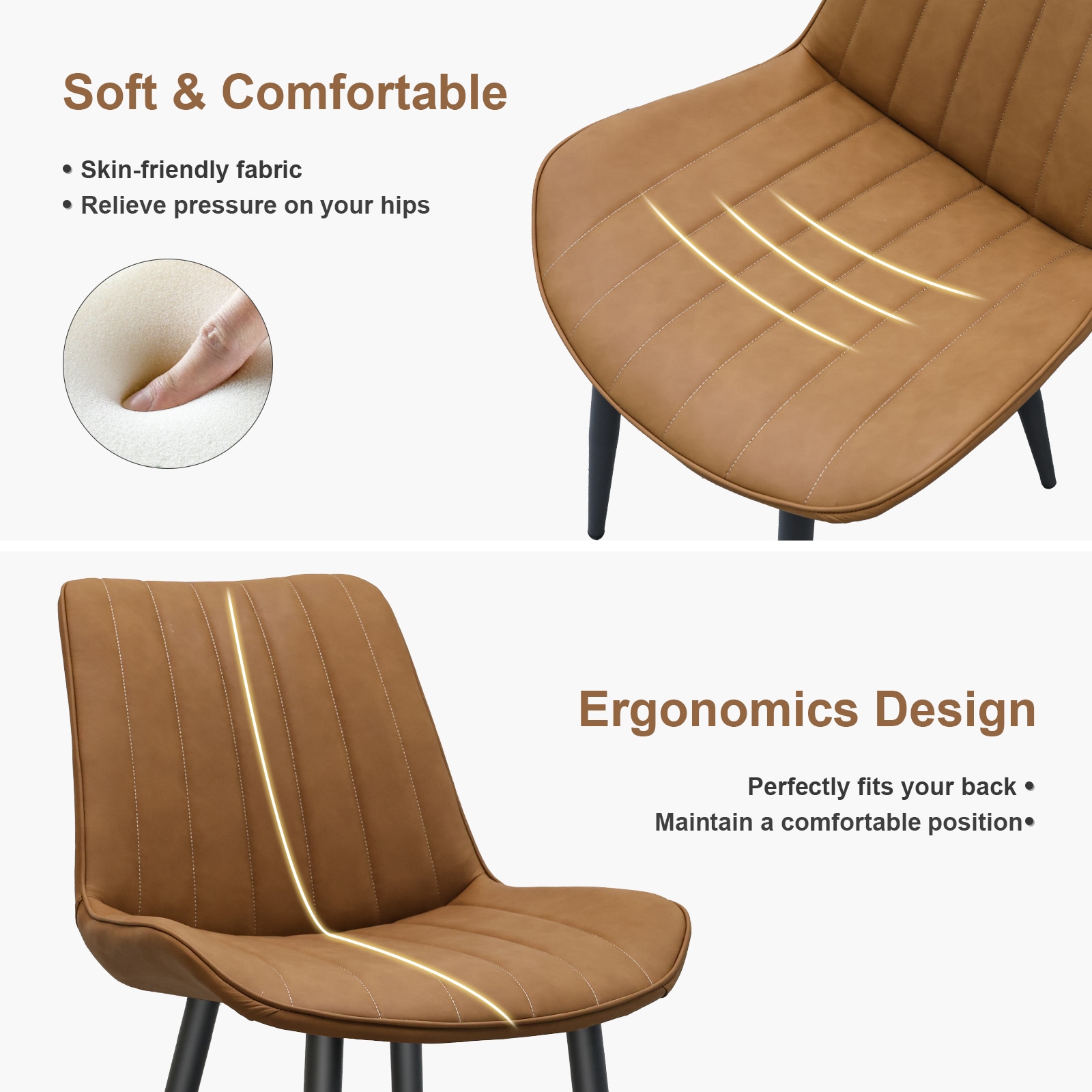 Brown PU Leather Dining Chair With Metal Legs, Wave Pattern Upholstered Armless Chair Set Of 6 For Kitchen, Restaurant, Living, Meeting Room_maomaolike.com